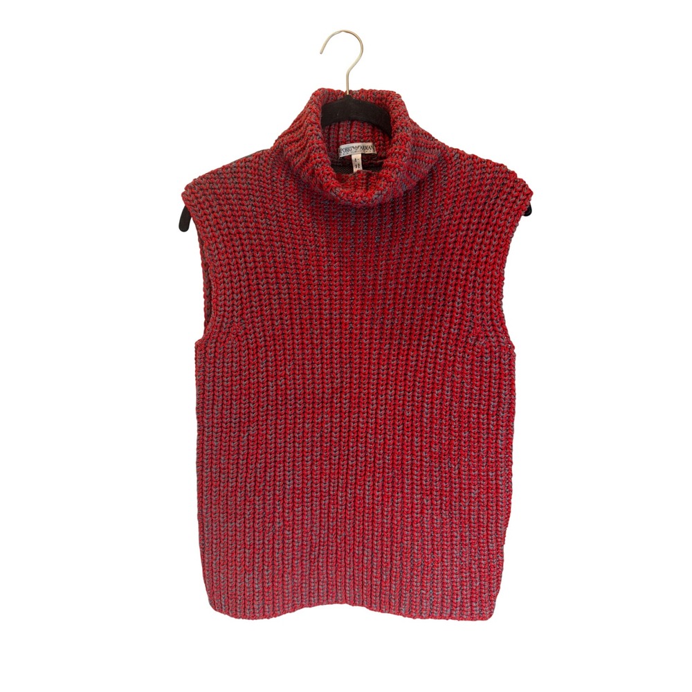Emporio Armani Red Grey Chunky Knit Turtleneck Sweater Vest Made In Italy Sz 42